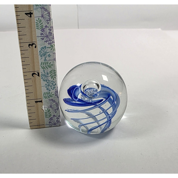 Art Glass Paperweight In Clear with Blue Swirls unsigned desk decretive piece - Picture 9 of 9